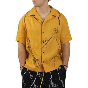 DIET STARTS MONDAY Lightning Button-Up Linen Shirt Mustard Yellow Medium M